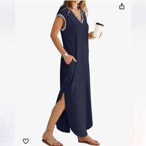 Summer Maxi Dress V Neck Short Sleeve T Shirt Dress Split Loose new